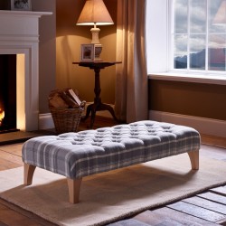 Kinver Deep Buttoned Footstool 122 x 53cm (48x21") Wool Large Check Grey - 15.2cm (6") Concave Tapered Leg Oiled Oak Kinver Deep Buttoned Footstool 122 x 53cm (48x21") Wool Large Check Grey - 15.2cm (6") Concave Tapered Leg Oiled Oak