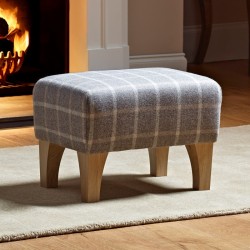 Arden Plain Top Footstool 33 x 23cm (13 x 9") Wool Check Hessian - 15.2cm (6") Concave Tapered Leg Oiled Oak