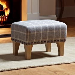 Arden Plain Top Footstool 33 x 23cm (13 x 9") Wool Check Hessian - Full Vintage 25mm Studs - 15.2cm (6") Concave Tapered Leg Oiled Oak