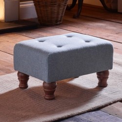 Cannock Shallow Buttoned Footstool 46 x 33cm (18 x 13") Wool Plain Mist - 10.2cm (4") Turned Leg Mahogany
