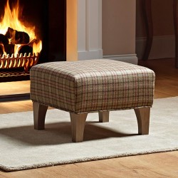 Arden Plain Top Footstool 46 x 46cm (18 x 18") Wool Check Sage - 15.2cm (6") Concave Tapered Leg Washed Oak