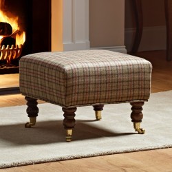 Arden Plain Top Footstool 46 x 46cm (18 x 18") Wool Check Sage - 17.8cm (7") Castor Leg Mahogany