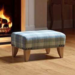 Arden Plain Top Footstool 61 x 41cm (24 x 16") Wool Plaid Celestial - Vintage Corner Studs Trim - 15.2cm (6") Convex Tapered Leg Oiled Oak