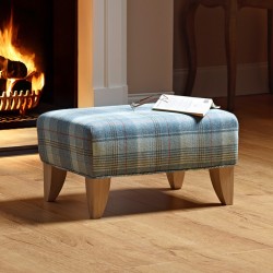 Arden Plain Top Footstool 61 x 41cm (24 x 16") Wool Plaid Celestial - Single Piped Trim - 15.2cm (6") Convex Tapered Leg Oiled Oak