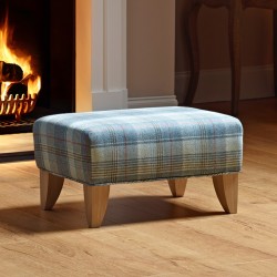 Arden Plain Top Footstool 61 x 41cm (24 x 16") Wool Plaid Celestial - Single Piped Trim - 15.2cm (6") Convex Tapered Leg Oiled Oak
