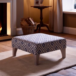 Arden Plain Top Footstool 61 x 61cm (24 x 24") Clarke & Clarke Navajo Tahoma Indigo - 15.2cm (6") Concave Tapered Leg Washed Oak