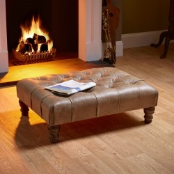 Kinver Deep Buttoned Footstool 81 x 61cm (32 x 24") Antique Matt Leather Honey - 12.7cm (5") Turned Leg Mahogany