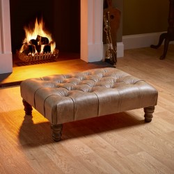 Kinver Deep Buttoned Footstool 81 x 61cm (32 x 24") Antique Matt Leather Honey - 12.7cm (5") Turned Leg Mahogany