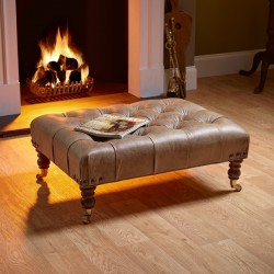 Kinver Deep Buttoned Footstool 81 x 61cm (32 x 24") Antique Matt Leather Honey - Corner Vintage Studs - 17.8cm (7") Castor Leg - Mahogany