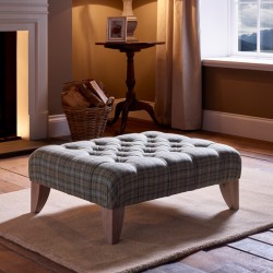 Kinver Deep Buttoned Footstool 81 x 61cm (32 x 24") Wool Check Sea - 15.2cm (6") Convex Tapered Leg Washed Oak