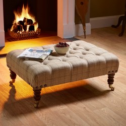Kinver Deep Buttoned Footstool 81 x 61cm (32 x 24") Customers Own Material - Corner Vintage Studs - 17.8cm (7") Castor Leg Mahogany