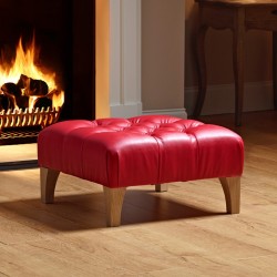 Kinver Deep Buttoned Footstool 61 x 61cm (24 x 24") Faux Leather Red - Self Piped - 15.2cm (6") Concave Tapered Leg Oiled Oak