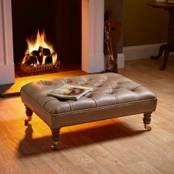 Glenmore Deep Buttoned Footstool with Border 81 x 61cm (32 x 24") Antique Matt Leather Honey - 15.2cm (6") Castor Leg Mahogany Glenmore Deep Buttoned Footstool with Border 81 x 61cm (32 x 24") Antique Matt Leather Honey - 15.2cm (6") Castor Leg Mahogany