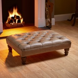 Glenmore Deep Buttoned Footstool with Border 81 x 61cm (32 x 24") Antique Matt Leather Honey - 12.7cm (5") Turned Leg - Mahogany Glenmore Deep Buttoned Footstool with Border 81 x 61cm (32 x 24") Antique Matt Leather Honey - 12.7cm (5") Turned Leg - Mahogany