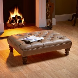 Glenmore Deep Buttoned Footstool with Border 81 x 61cm (32 x 24") Antique Matt Leather Honey - 12.7cm (5") Turned Leg - Mahogany Glenmore Deep Buttoned Footstool with Border 81 x 61cm (32 x 24") Antique Matt Leather Honey - 12.7cm (5") Turned Leg - Mahogany