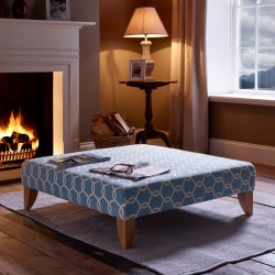 Arden Plain Top Footstool 91 x 91cm (36 x 36") Clarke & Clarke Gama Aqua - 15.2cm (6") Convex Tapered Leg Oiled Oak