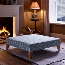 Arden Plain Top Footstool 91 x 91cm (36 x 36") Clarke & Clarke Gama Aqua - 15.2cm (6") Convex Tapered Leg Oiled Oak