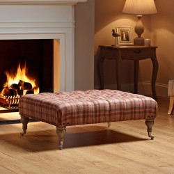 Kinver Deep Buttoned Footstool 102 x 76cm (40 x 30") Wool Plaid Geranium - Corner Vintage Studs - 7.5ins Castor Leg Washed Oak Kinver Deep Buttoned Footstool 102 x 76cm (40 x 30") Wool Plaid Geranium - Corner Vintage Studs - 7.5ins Castor Leg Washed Oak