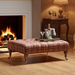 Kinver Deep Buttoned Footstool 102 x 76cm (40 x 30") Wool Plaid Geranium - 7.5ins Castor Leg Washed Oak Kinver Deep Buttoned Footstool 102 x 76cm (40 x 30") Wool Plaid Geranium - 7.5ins Castor Leg Washed Oak