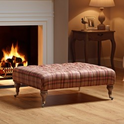 Kinver Deep Buttoned Footstool 102 x 76cm (40 x 30") Wool Plaid Geranium - 7.5ins Castor Leg Washed Oak Kinver Deep Buttoned Footstool 102 x 76cm (40 x 30") Wool Plaid Geranium - 7.5ins Castor Leg Washed Oak