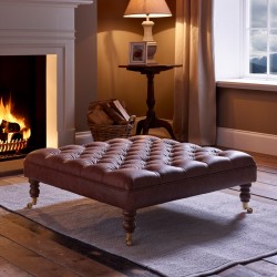 Glenmore Deep Buttoned Footstool with Border 91 x 91cm (36 x 36") Antique Matt Leather Dark Brown - 17.8cm (7") Castor Leg Mahogany