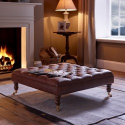 Glenmore Deep Buttoned Footstool with Border 91 x 91cm (36 x 36") Antique Matt Leather Dark Brown - 17.8cm (7") Castor Leg Mahogany