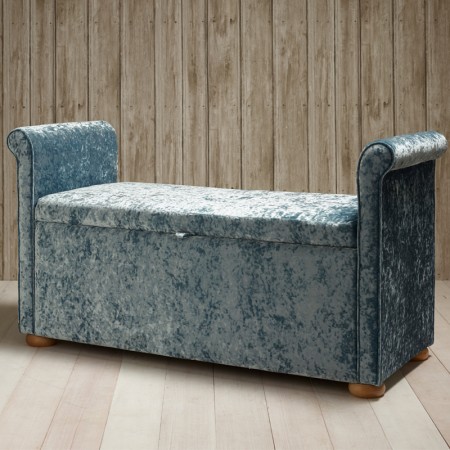 Lamorran Plain Lid Scroll Arm Storage Ottoman 144 x 56cm (56.5 x 22") Shimmer Velvet Mist - 1.5ins Light Bun Feet