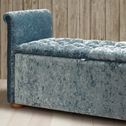 Cardinham Deep Buttoned Lid Scroll Arm Storage Ottoman 144 x 56cm (56.5 x 22") Shimmer Velvet Mist - 1.5ins Light Bun Feet Cardinham Deep Buttoned Lid Scroll Arm Storage Ottoman 144 x 56cm (56.5 x 22") Shimmer Velvet Mist - 1.5ins Light Bun Feet