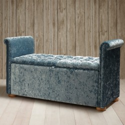 Cardinham Deep Buttoned Lid Scroll Arm Storage Ottoman 144 x 56cm (56.5 x 22") Shimmer Velvet Mist - 1.5ins Light Bun Feet Cardinham Deep Buttoned Lid Scroll Arm Storage Ottoman 144 x 56cm (56.5 x 22") Shimmer Velvet Mist - 1.5ins Light Bun Feet