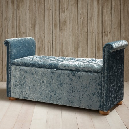 Cardinham Deep Buttoned Lid Scroll Arm Storage Ottoman 144 x 56cm (56.5 x 22") Shimmer Velvet Mist - 1.5ins Light Bun Feet