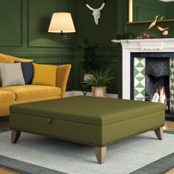 Heartwood Plain & Piped Lid Medium Depth Storage Footstool 122 x 122cm (48 x 48")  Soft Weave Forest Green - Full Vintage Studs - 6ins Convex Washed Oak Legs