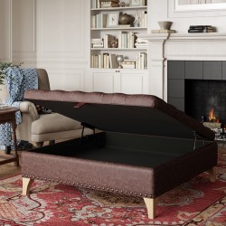 Savernake Deep Buttoned Lid Medium Depth Storage Footstool 122 x 122cm (48 x 48") Antique Matt Leather Mahogany - Full Vintage Stud Trim - 6ins Concave Oiled Oak Legs Savernake Deep Buttoned Lid Medium Depth Storage Footstool 122 x 122cm (48 x 48") Antique Matt Leather Mahogany - Full Vintage Stud Trim - 6ins Concave Oiled Oak Legs