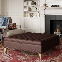 Savernake Deep Buttoned Lid Medium Depth Storage Footstool 122 x 122cm (48 x 48") Antique Matt Leather Mahogany - Full Vintage Stud Trim - 6ins Concave Oiled Oak Legs Savernake Deep Buttoned Lid Medium Depth Storage Footstool 122 x 122cm (48 x 48") Antique Matt Leather Mahogany - Full Vintage Stud Trim - 6ins Concave Oiled Oak Legs