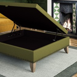 Heartwood Plain & Piped Lid Medium Depth Storage Footstool 91 x 91cm (36 x 36") Soft Weave Forest Green - 6ins Convex Washed Oak Leg