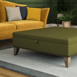 Heartwood Plain & Piped Lid Medium Depth Storage Footstool 91 x 91cm (36 x 36") Soft Weave Forest Green - 6ins Convex Washed Oak Leg