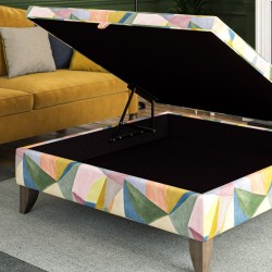 Bedgebury Shallow Buttoned & Piped Lid Medium Depth Storage Footstool 122 x 122cm (48 x 48") Linwood Crystal Velvet - 6ins Convex Washed Oak Leg