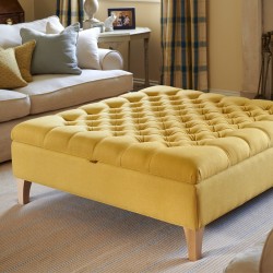 Savernake Deep Buttoned Lid Medium Depth Storage Footstool 91 x 91cm (36 x 36") Faux Wool Mustard - 15.2cm (6") Concave Tapered Leg Oiled Oak
