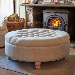 Epping Deep Buttoned & Piped Lid Medium Depth Round Storage Footstool 102cm (40") Basket Weave Sky - Single Piped Trim - 12.7cm (5") Turned Leg Natural