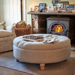 Epping Deep Buttoned & Piped Lid Medium Depth Round Storage Footstool 102cm (40") Basket Weave Sky - Single Piped Trim - 12.7cm (5") Turned Leg Natural