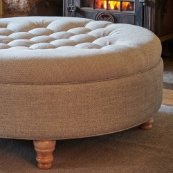 Epping Deep Buttoned & Piped Lid Medium Depth Round Storage Footstool 102cm (40") Basket Weave Sky - Single Piped Trim - 12.7cm (5") Turned Leg Natural