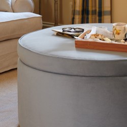 Thetford Plain & Piped Lid Full Depth Round Storage Footstool 76cm (30") Flat Velvet Wedgwood