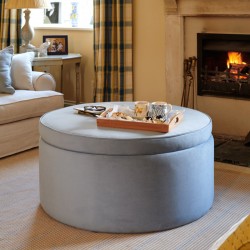 Thetford Plain & Piped Lid Full Depth Round Storage Footstool 76cm (30") Flat Velvet Wedgwood