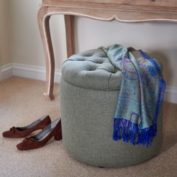 Selwood Deep Buttoned & Piped Lid Full Depth Round Storage Footstool 51cm (20") Wool Plain Willow