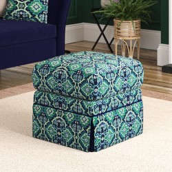 Kielder Valanced Footstool 51 x 51cm (20 x 20") in Linwood Velvet Kami Seagreen with contrast reveal