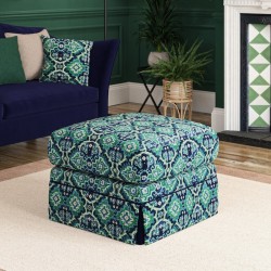 Kielder Valanced Footstool 69 x 69cm (27 x 27") in Linwood Printed Velvet Kami Seagreen - Contrast Reveal