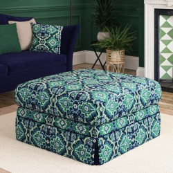 Kielder Valanced Footstool 91 x 91cm (36 x 36") in Linwood Velvet Kami Seagreen with contrast reveal Kielder Valanced Footstool 91 x 91cm (36 x 36") in Linwood Velvet Kami Seagreen with contrast reveal