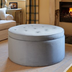 Tollymore Shallow Buttoned & Piped Lid Full Depth Round Storage Footstool 102cm (40") Flat Velvet Wedgwood Tollymore Shallow Buttoned & Piped Lid Full Depth Round Storage Footstool 102cm (40") Flat Velvet Wedgwood