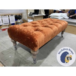 Kinver Deep Buttoned Footstool 102 x 46cm (40 x 18") Crushed Velvet Orange - Self Piped - 7.5ins Castor Washed Oak Leg - 5864