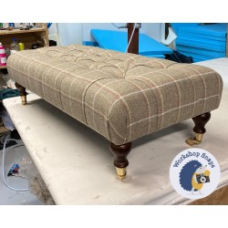 Kinver Deep Buttoned Footstool 102 x 46cm (40 x 18") Wool Check Yellow - Plain Trim - 6ins Castor Mahogany Leg 7978