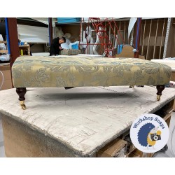 Cannock Shallow Buttoned Footstool 122 x 53cm (48 x 21") COM Colefax & Fowler Clarendon Aqua - 6ins Castor Mahogany Leg 7566 Cannock Shallow Buttoned Footstool 122 x 53cm (48 x 21") COM Colefax & Fowler Clarendon Aqua - 6ins Castor Mahogany Leg 7566